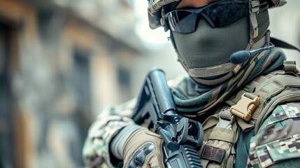 A close-up of a soldier in tactical gear, showcasing professionalism and readiness in a combat-ready posture.