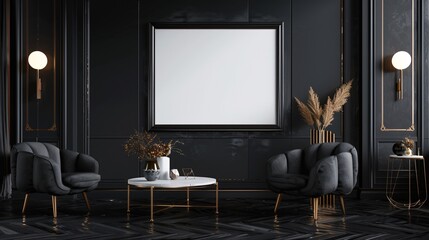 Ultra-sharp image of a stylish frame mockup in a contemporary dark interior, accented by chic decor. With copy space for text