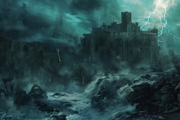 Ancient castle ruins by the stormy sea with lightning