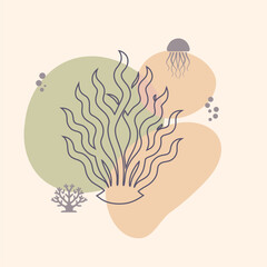 Cartoon seaweed Lobster or crayfish on blobs background. Seafood shop logo, signboard, restaurant menu, fish market, banner, poster design template. Fresh seafood