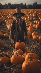A spooky scarecrow stands among a field of ripe pumpkins during autumn. The scarecrow wears a straw hat and a tattered coat, creating a haunting atmosphere. Halloween concept.