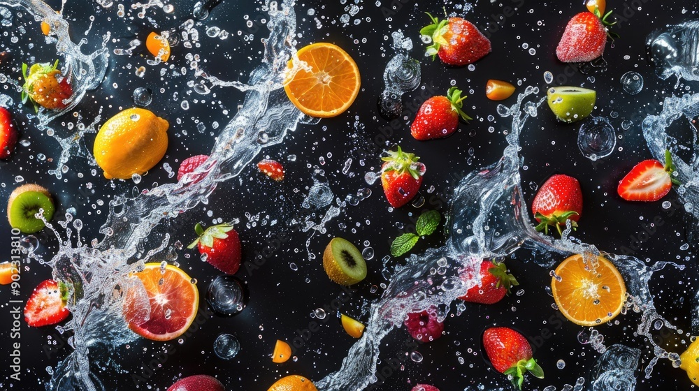 Aufkleber dynamic fruits and water splash in mid-air, creating a seamless pattern on an isolated backdrop