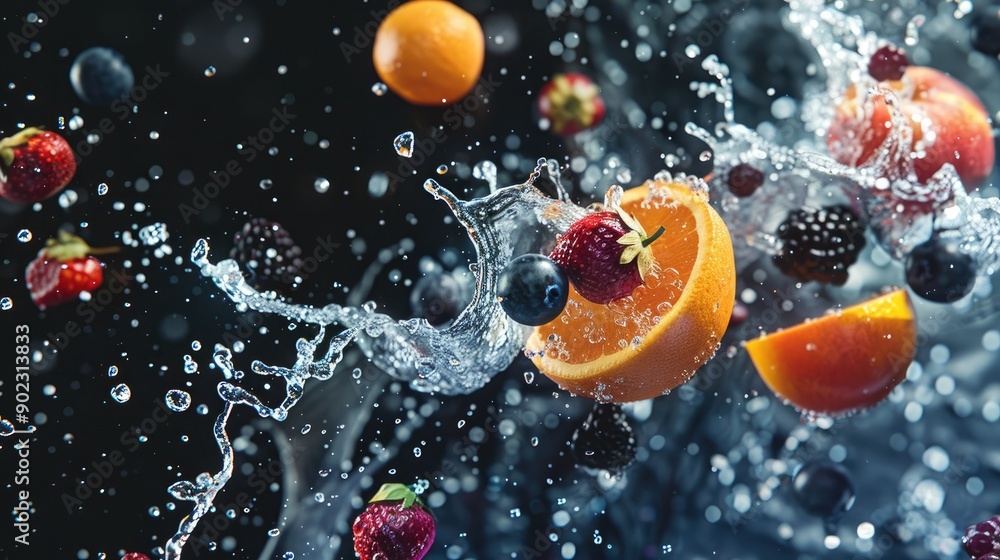 Poster dynamic fruits and water splash in mid-air, creating a seamless pattern on an isolated backdrop