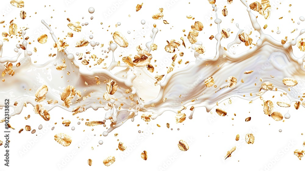 Poster dynamic muesli and milk splash in mid-air, creating a seamless pattern on an isolated background