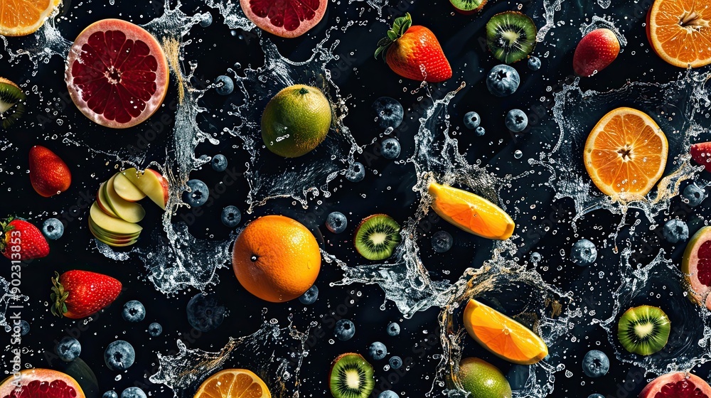Poster dynamic fruits and water splash in mid-air, creating a seamless pattern on an isolated background