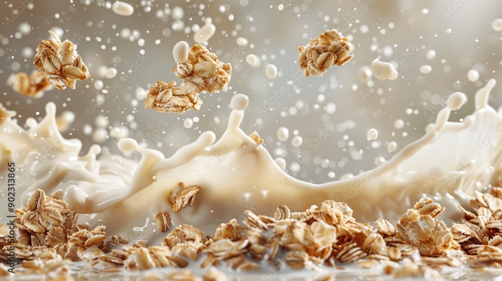 Poster dynamic muesli and milk splash in mid-air, forming a seamless pattern on an isolated background