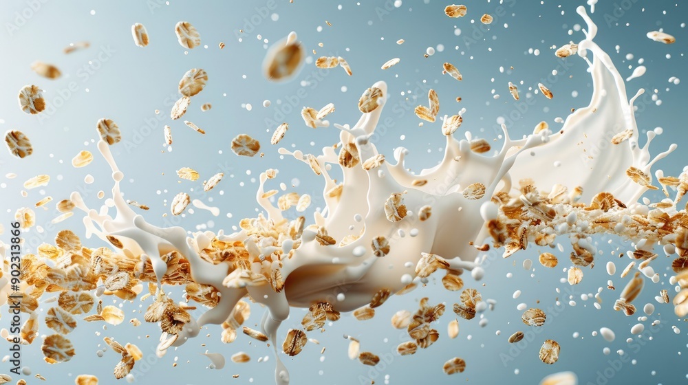 Poster dynamic muesli and milk splash in mid-air, forming a seamless pattern on an isolated background