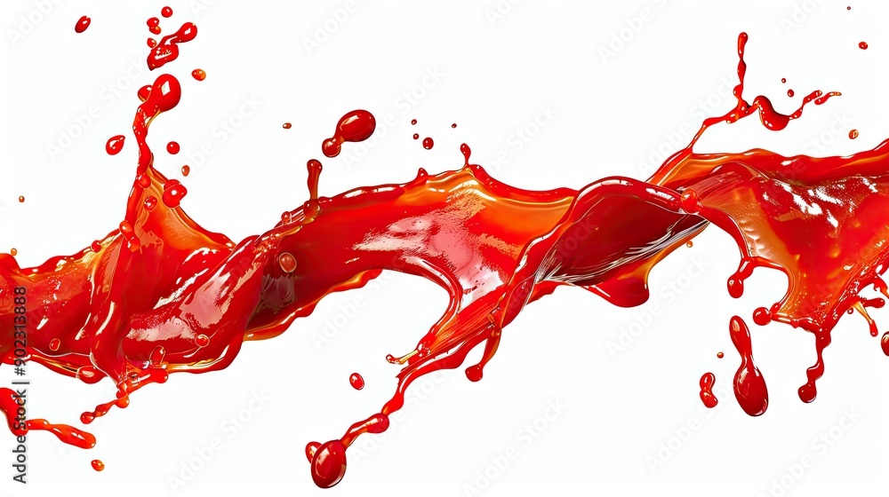 Poster dynamic red ketchup splash flying in the air, forming a seamless pattern on a white backdrop
