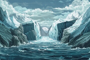 Icebergs floating in a moonlit Arctic sea between towering icy cliffs