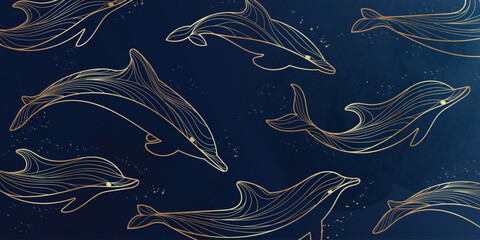Sea animal golden line art on navy blue background vector. Wallpaper design with dolphin and watercolor texture. Ocean painting for wall decoration, interior, cover, banner, packaging, print. © babeer