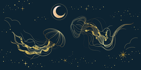 Sea animal golden line art on navy blue background vector. Wallpaper design with jellyfish, moon, gold foil texture. Ocean painting for wall decoration, interior, cover, banner, packaging, print. © babeer