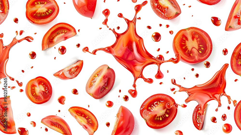 Poster flying red tomato ketchup splash, creating a seamless pattern on a clean white background