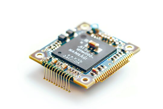 Close-up image of a microchip with electronic components. Perfect for technology, electronics, and circuit-related content.