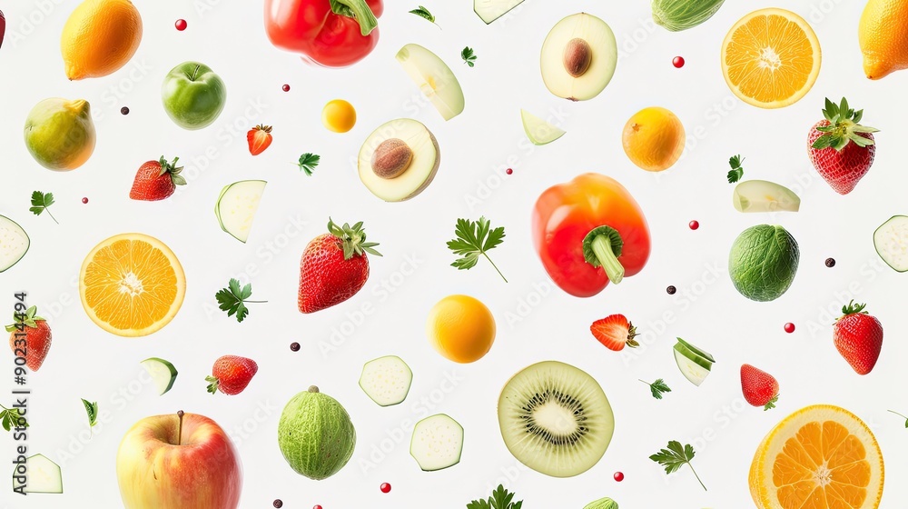 Poster fresh fruits and vegetables in the air, forming a dynamic seamless pattern on a plain background