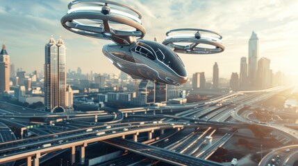 Futuristic manned drone flies over city highway