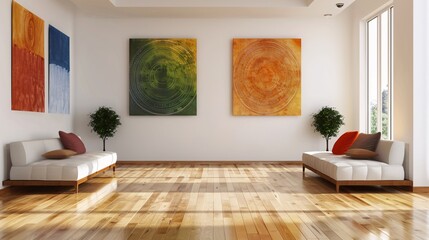 Minimalist interior design in a living room with polished wooden floors and eye-catching wall art. With copy space for text
