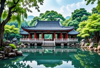 Fototapeta premium Ancient Chinese-style architecture surrounded by lush green trees and a tranquil water pond