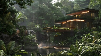 Modern House with Waterfall in Tropical Forest