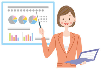 プレゼンするスーツの女性のイラスト　会社員　ビジネスシーン
