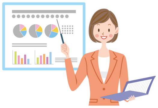 プレゼンするスーツの女性のイラスト　会社員　ビジネスシーン
