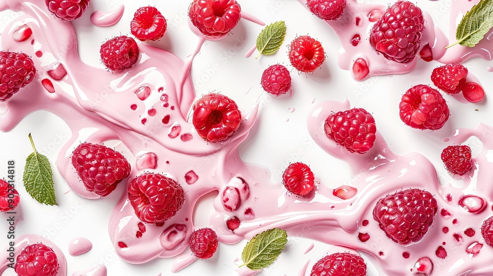 Poster fresh raspberry yogurt and berry splashes, forming a seamless pattern on a white background