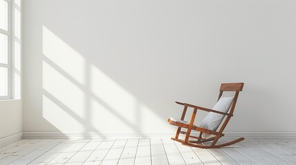 A rocking chair sits in a sunlit room with white walls and wood floors.  The chair is facing away from the viewer.