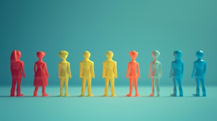 A row of colorful plastic figurines standing against a blue background.