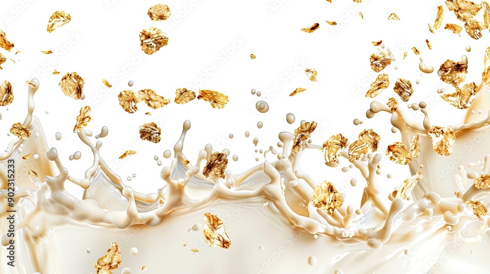 Poster isolated falling muesli and milk splash, creating a seamless pattern on a white background