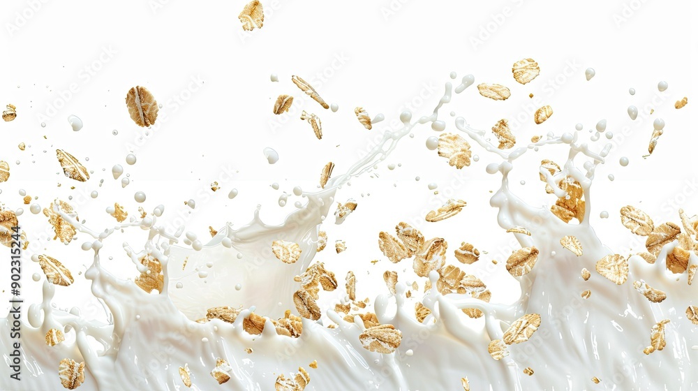 Poster isolated falling muesli and milk splash, creating a seamless pattern on a white background