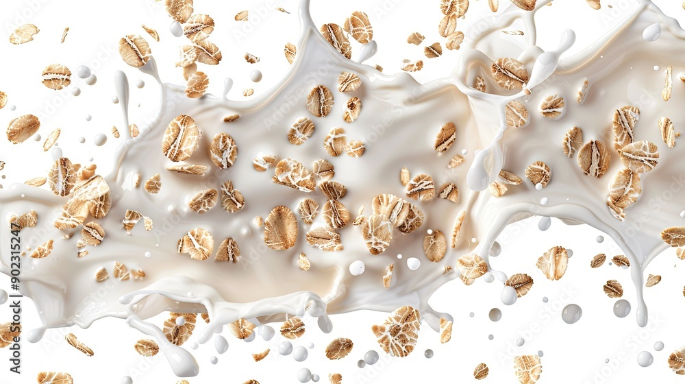 Poster isolated falling muesli and milk splash, creating a seamless pattern on a white background