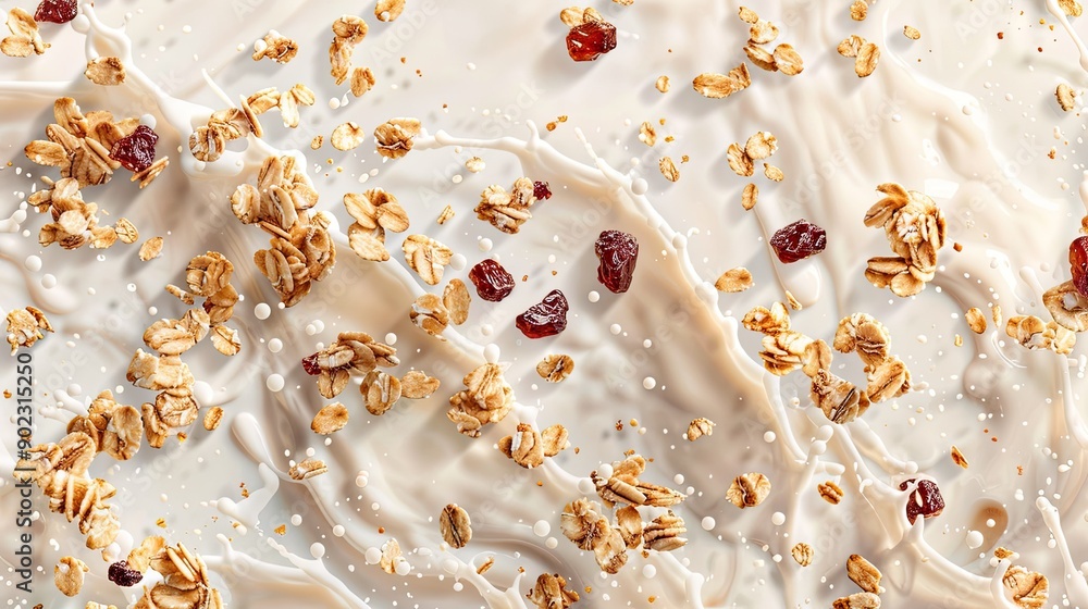 Poster isolated falling muesli with milk splash, arranged in a seamless pattern on a plain backdrop