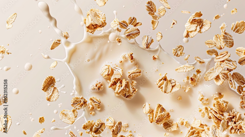 Poster isolated falling muesli with milk splash, arranged in a seamless pattern on a plain backdrop