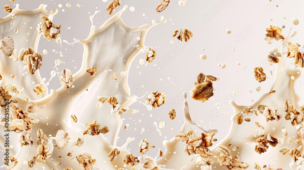 Poster isolated falling muesli with milk splash, arranged in a seamless pattern on a plain backdrop