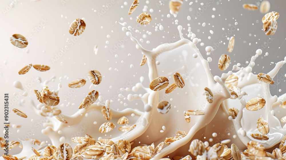 Poster isolated muesli falling with milk splash, creating a seamless pattern on a plain background