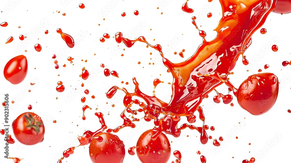 Poster isolated red tomato ketchup splash in mid-air, creating a seamless pattern against a white backgroun