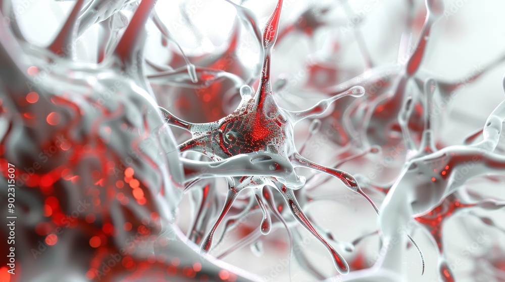 Poster abstract 3d illustration of a neural network with red and white branches.