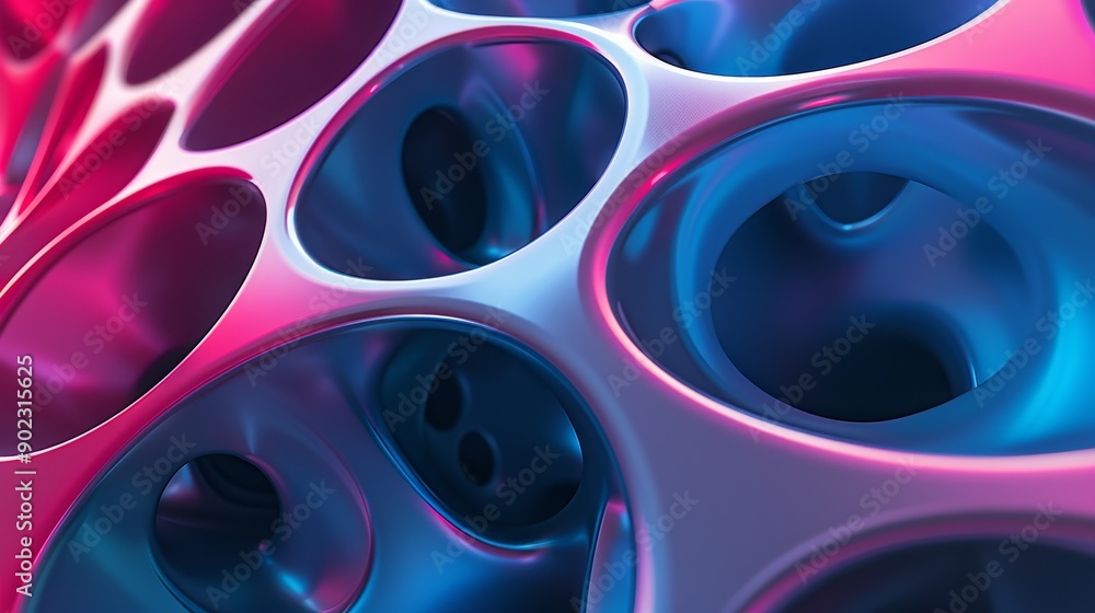Poster abstract 3d render of a pink and blue organic structure with a network of interconnected spheres.