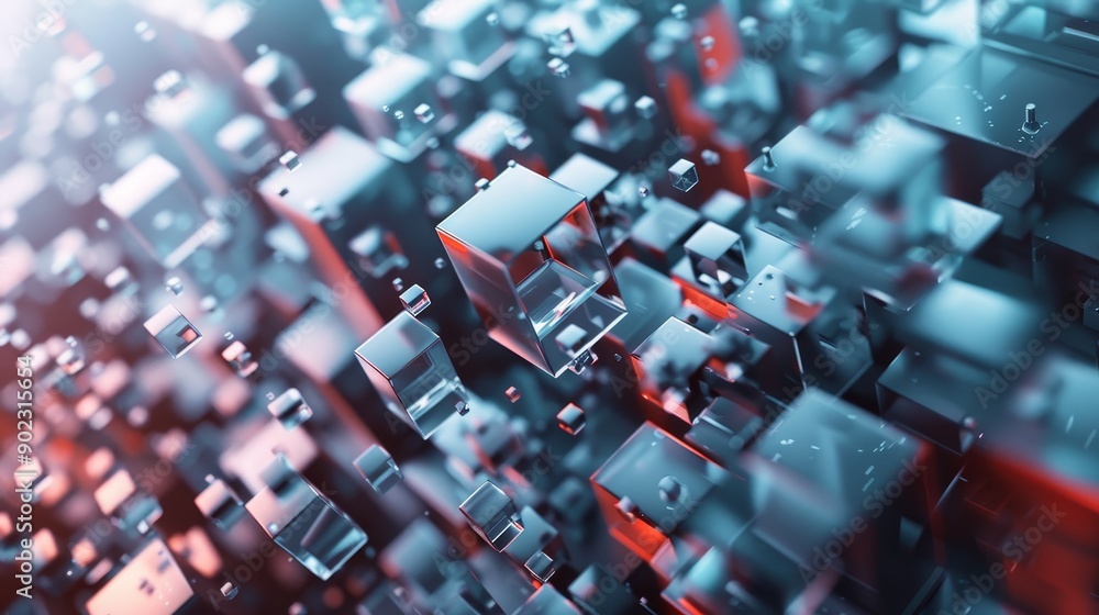 Poster abstract background of floating metallic cubes with blue and red lighting.