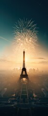 Closing ceremony with fireworks over Paris, copy space, natural lighting