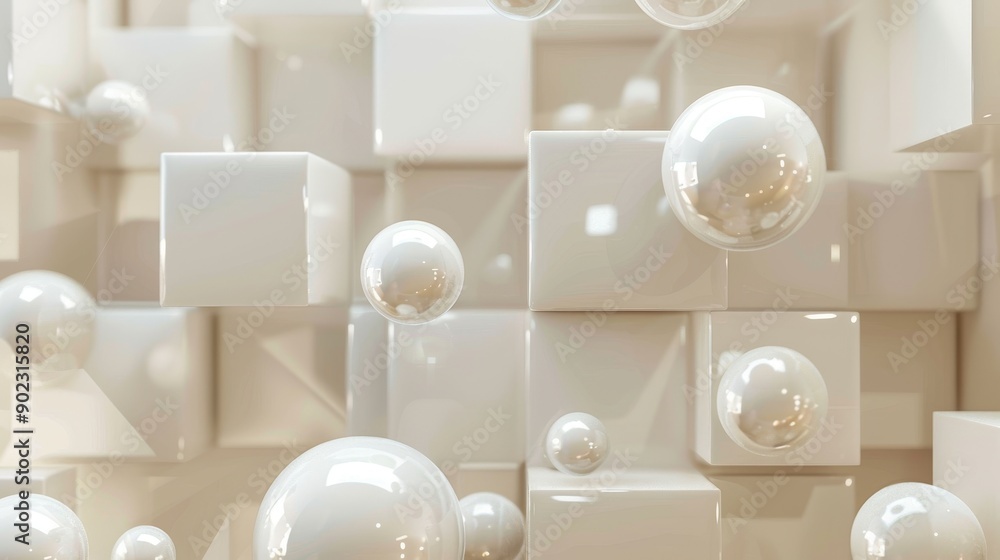 Poster abstract background with white spheres floating above white cubes. a clean and minimalist design.