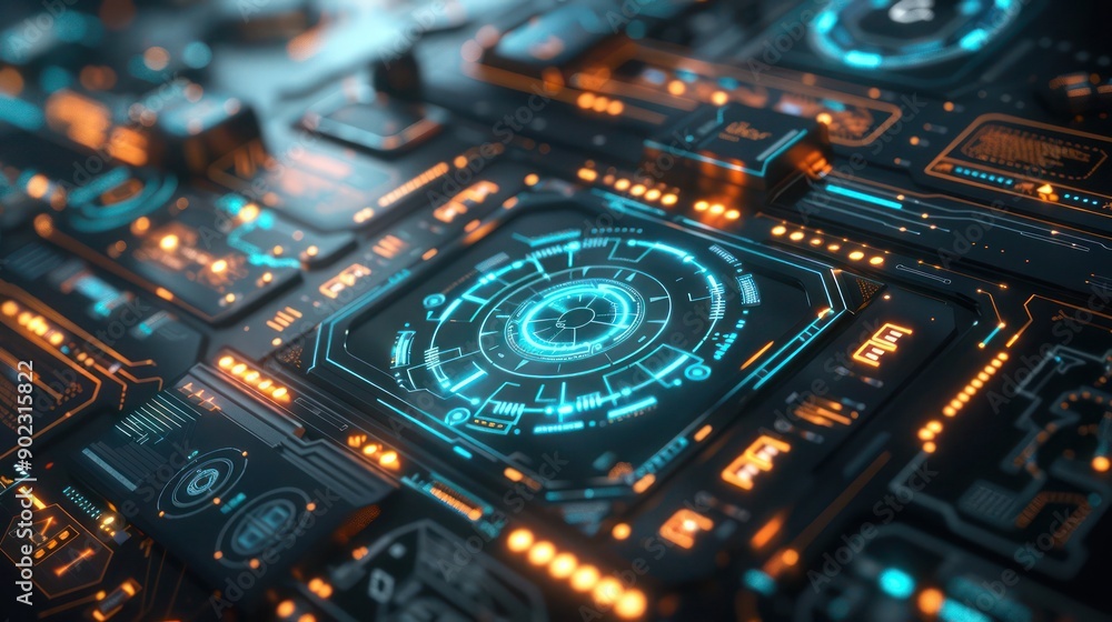 Poster futuristic ai interface with holographic displays and intricate circuit designs, symbolizing digital