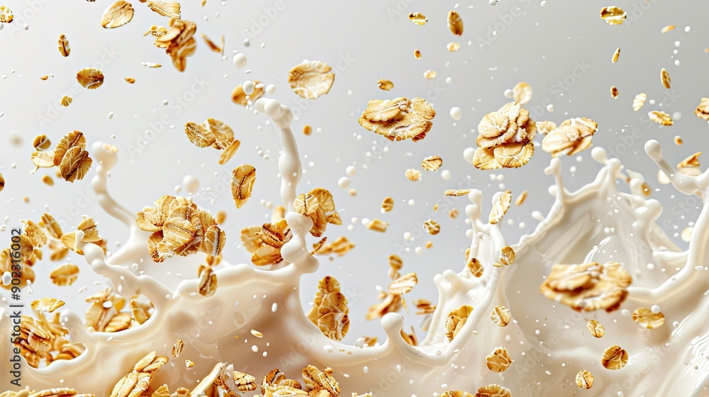 Poster muesli pieces falling with milk splash, creating a seamless pattern against an isolated background
