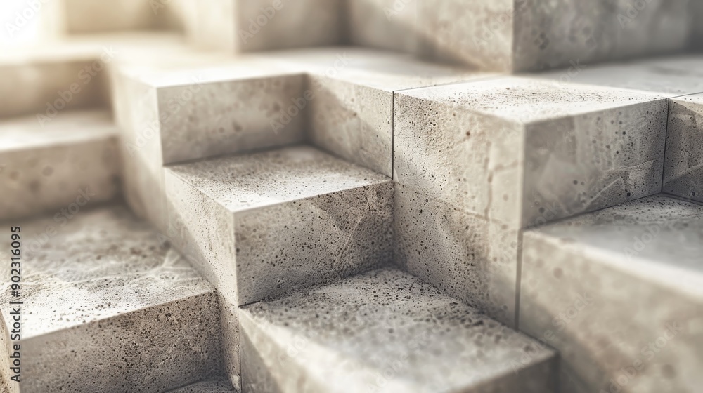 Poster abstract geometric pattern of concrete blocks forming stairs. light and shadow play on the textured 