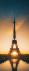 Olympic rings on a Parisian landmark at dawn, copy space, natural lighting