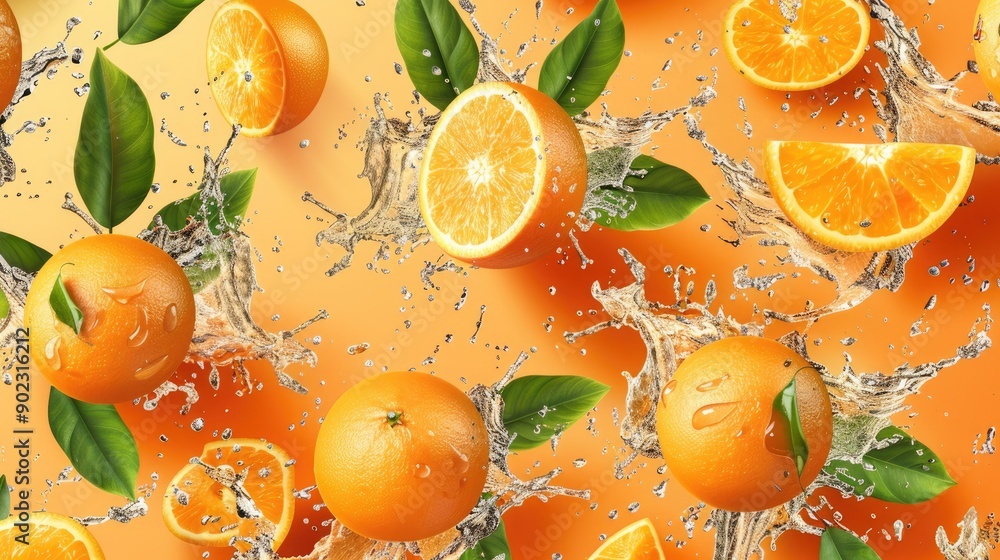 Poster oranges and leaves with water splashes, creating a seamless pattern on an orange backdrop