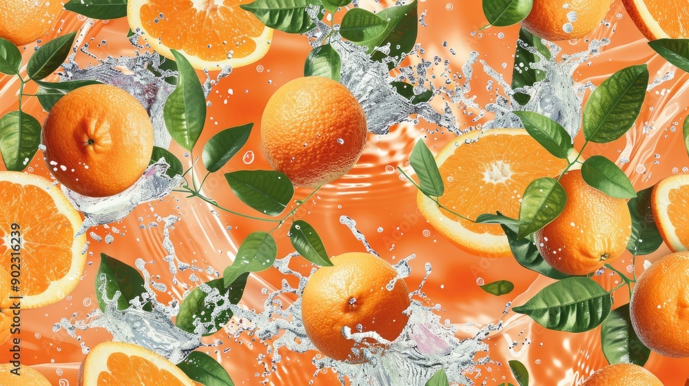 Poster oranges and leaves with water splashes, isolated on an orange backdrop in a seamless pattern