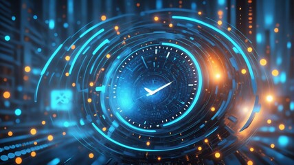 Close-up clock blue checkmark it is center surrounded A glowing