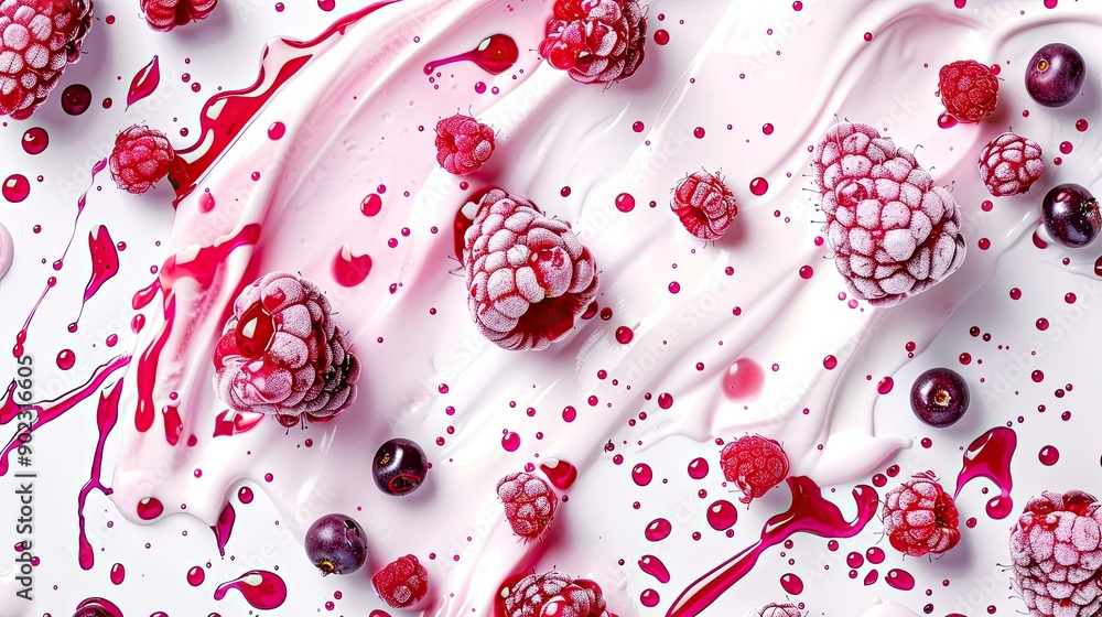 Poster splashes of raspberry yogurt with fresh berries, creating a seamless pattern on a plain white backdr