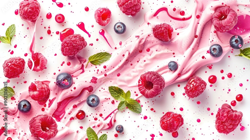 Poster splashes of raspberry yogurt with fresh berries, creating a seamless pattern on a white backdrop