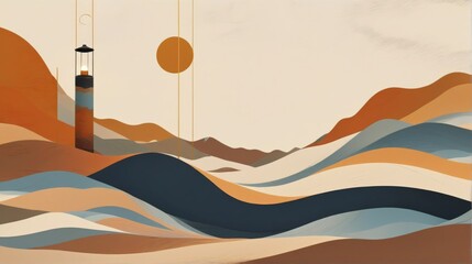 Illustration landscape large orange sun background sky light Vec